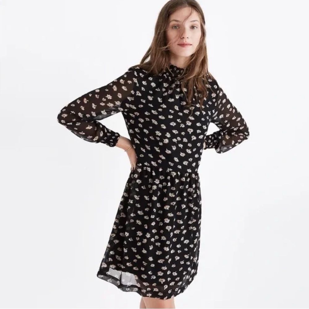 Madewell Black Floral Long-Sleeve Midi Dress